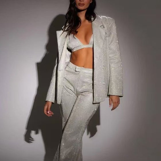 3pcs Shiny Long-sleeved Suit With Bra Lapel Blazer And Straight-leg Trousers Fashion Party Jacket Set For Women Clothing 8