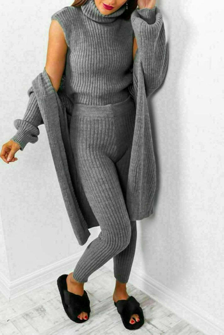 Ladies 3 Piece Suit Roll Neck Chunky Knitted Ribbed Tracksuit Lounge Set 4