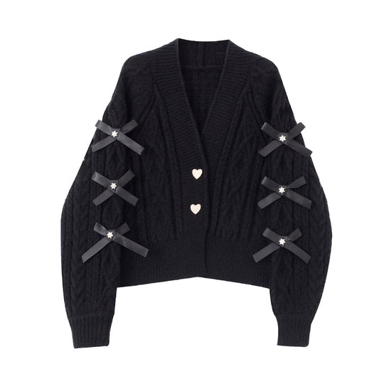 Modischer Strick-Cardigan mit Schleifen-Details, V-Ausschnitt, Lockerer Schnitt, Schwarz oder Weiß, Größen S-XL 1