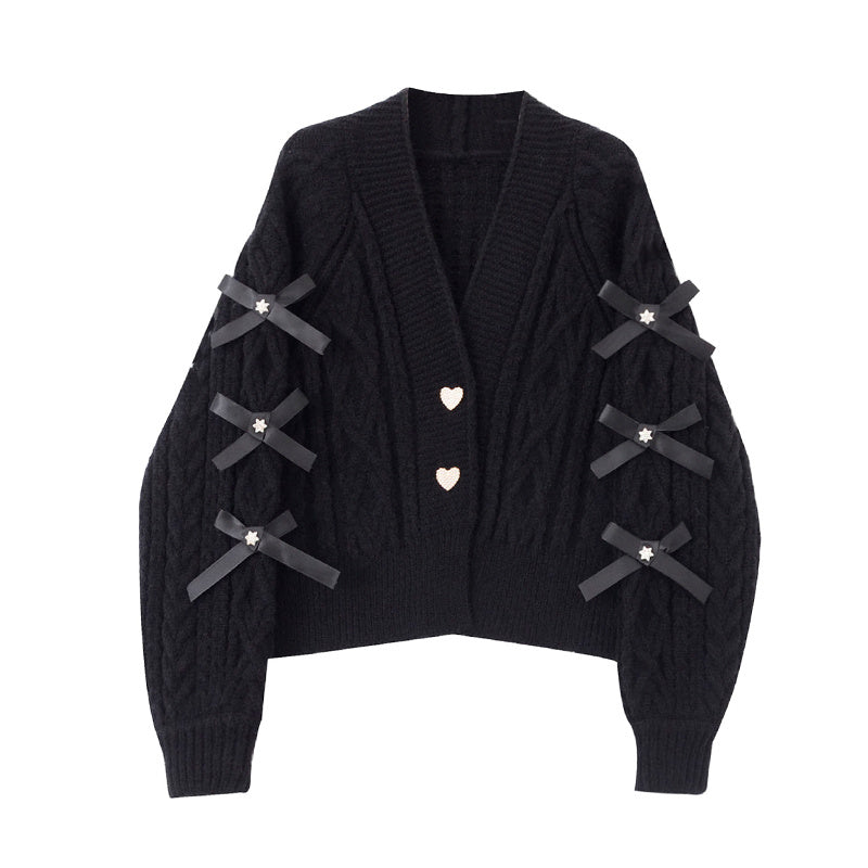 Modischer Strick-Cardigan mit Schleifen-Details, V-Ausschnitt, Lockerer Schnitt, Schwarz oder Weiß, Größen S-XL 6