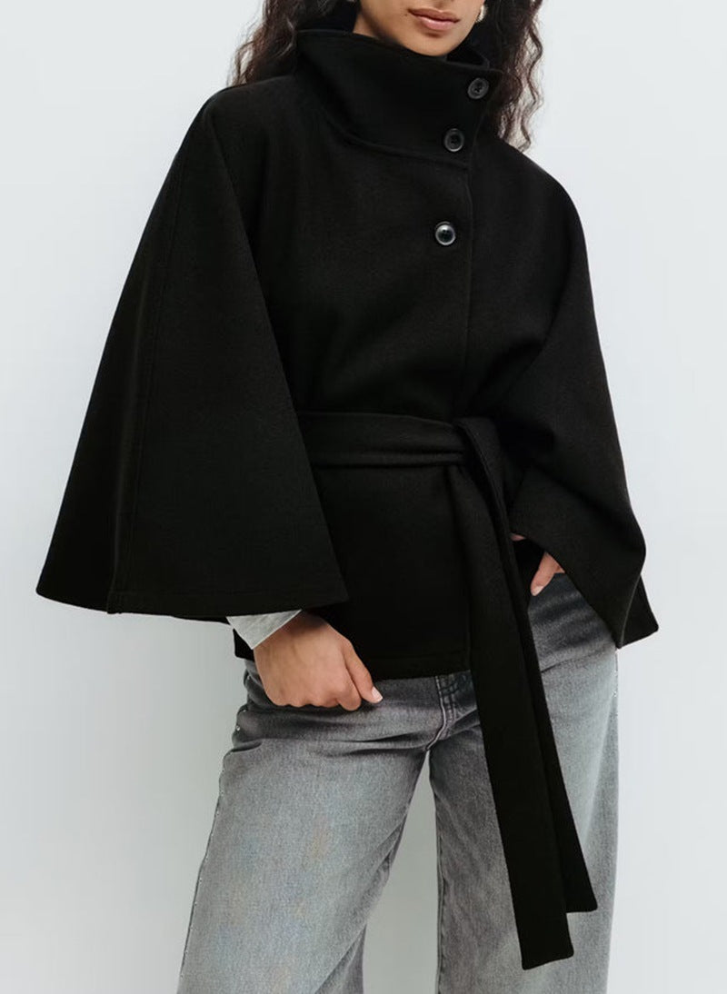 Winter High Neck Batwing Sleeve Coat With Belt Fashion Loose Elegant Button Top Trench Coat For Women Clothing 8