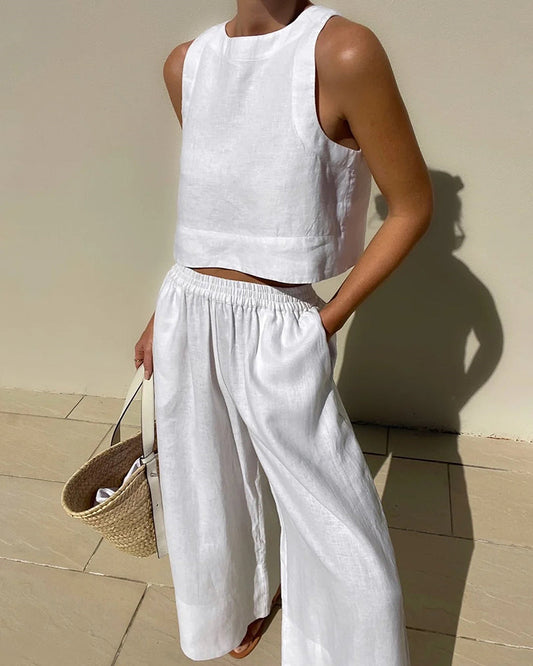 Ursella | Damen Set aus ärmellosem Crop-Top und weiter Hose aus Leinen