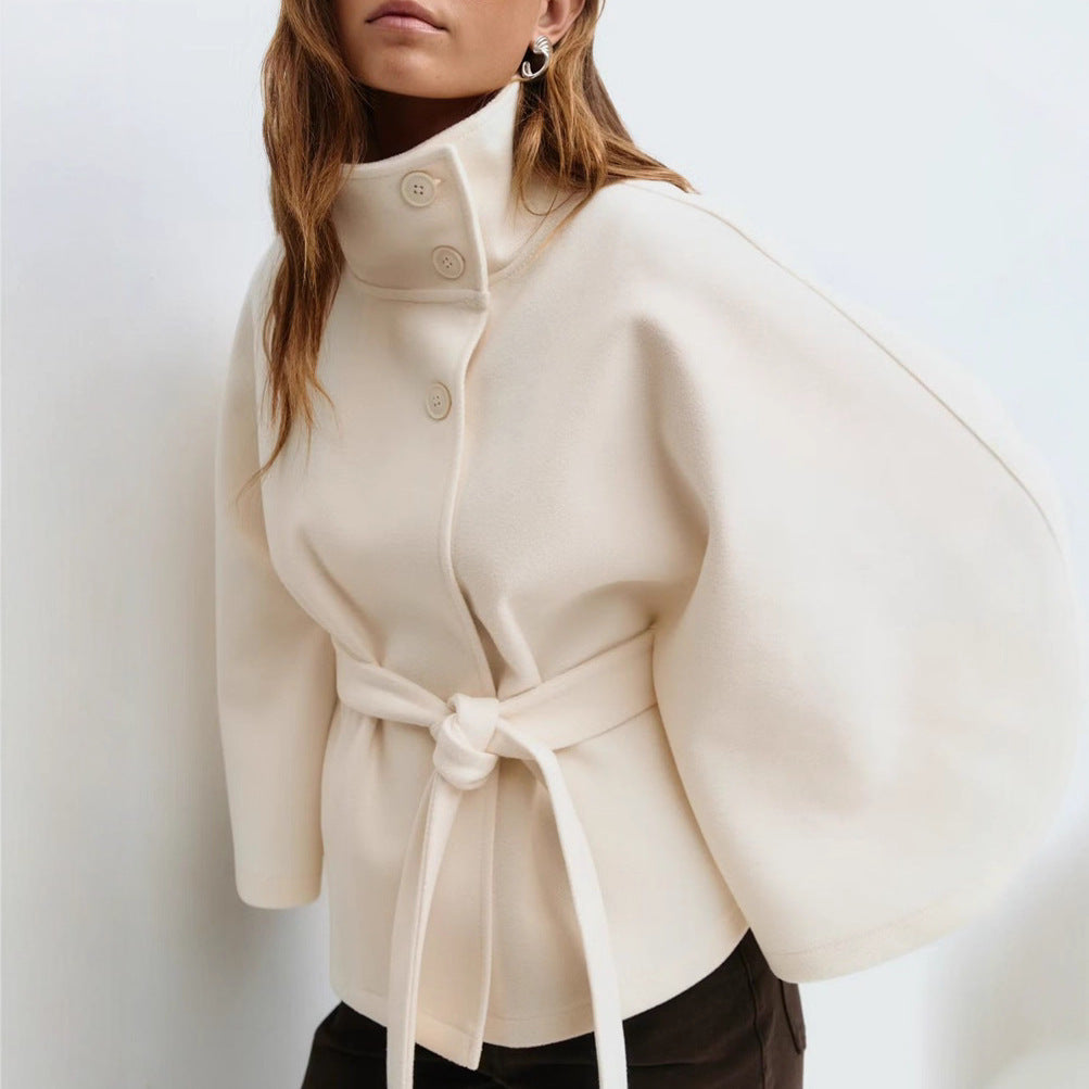 Winter High Neck Batwing Sleeve Coat With Belt Fashion Loose Elegant Button Top Trench Coat For Women Clothing 3