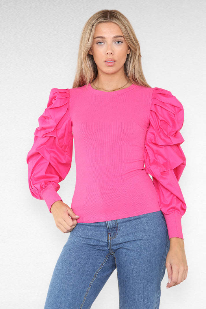 Oversized Top mit Puffärmeln für Damen – Bequemes Ribbed Oberteil aus Polyester und Elasthan, Ideal für Freizeit und Abendoutfits 3