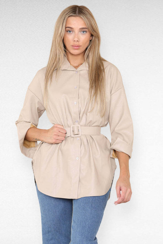 PU Faux Leather Belted Wet Look Shirt Dress 1