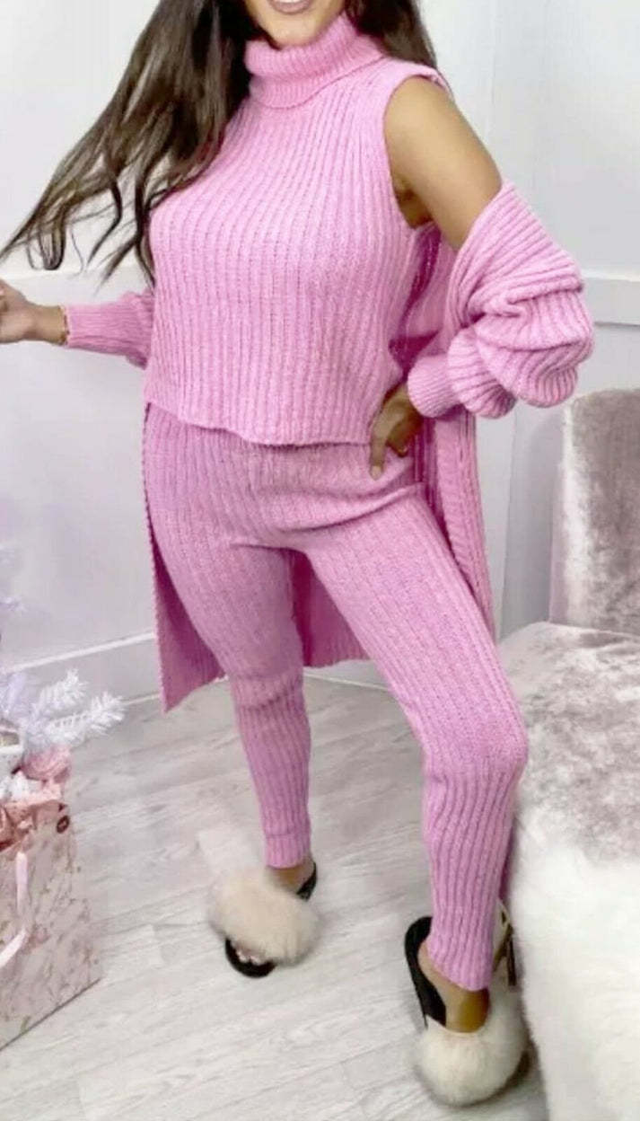 Ladies 3 Piece Suit Roll Neck Chunky Knitted Ribbed Tracksuit Lounge Set 6