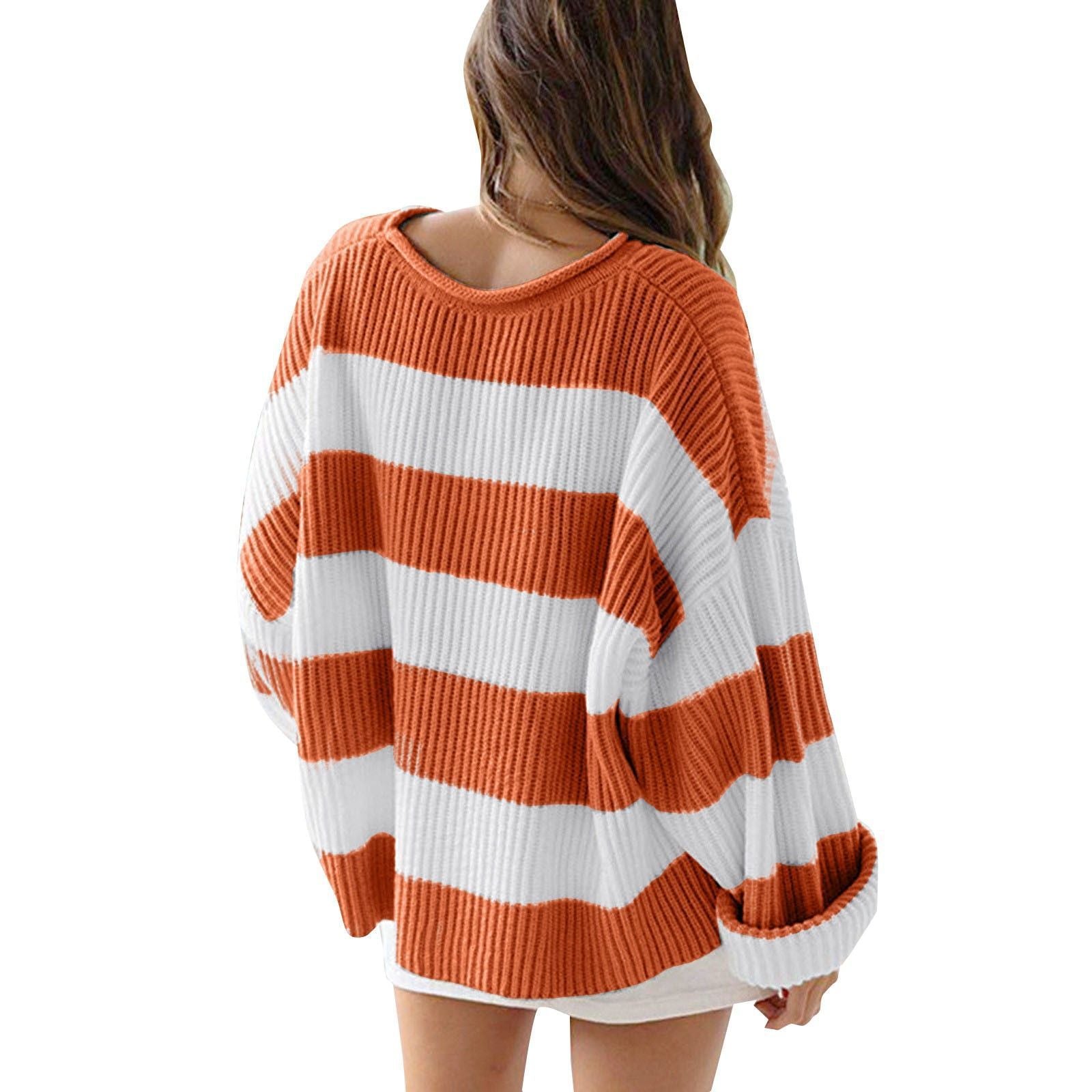 Loose Striped Sweater Fashion Casual Long Batwing Sleeve Round Neck Pullover Knit Tops Women Clothing 4