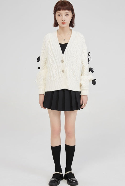 Modischer Strick-Cardigan mit Schleifen-Details, V-Ausschnitt, Lockerer Schnitt, Schwarz oder Weiß, Größen S-XL 5