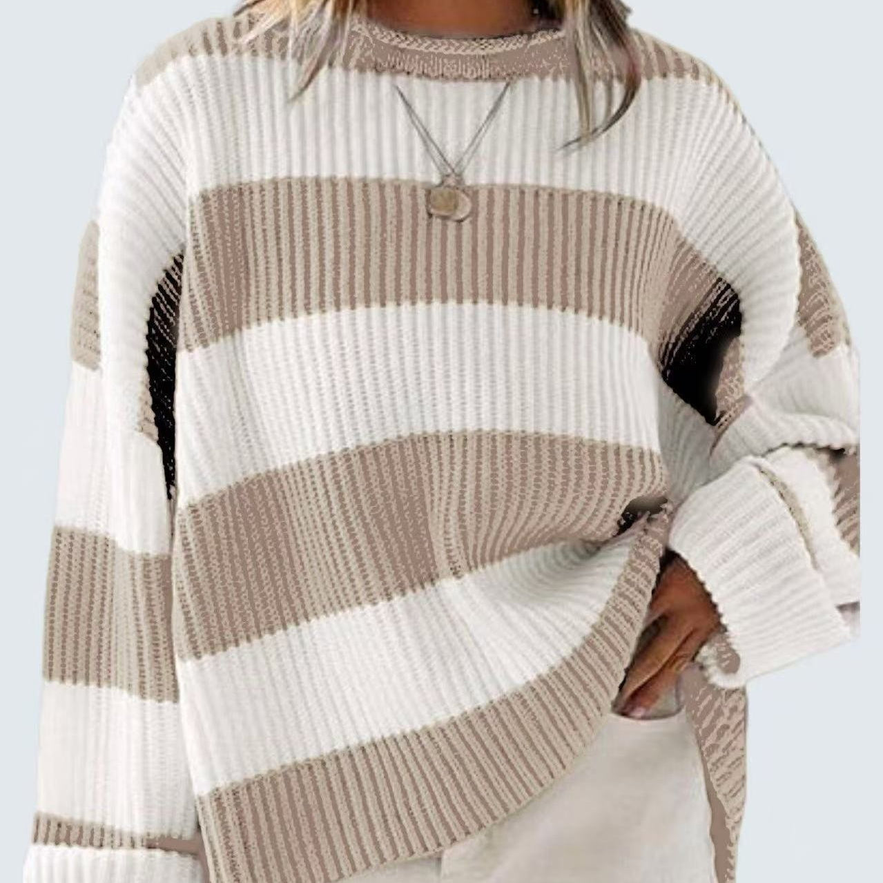 Loose Striped Sweater Fashion Casual Long Batwing Sleeve Round Neck Pullover Knit Tops Women Clothing 8