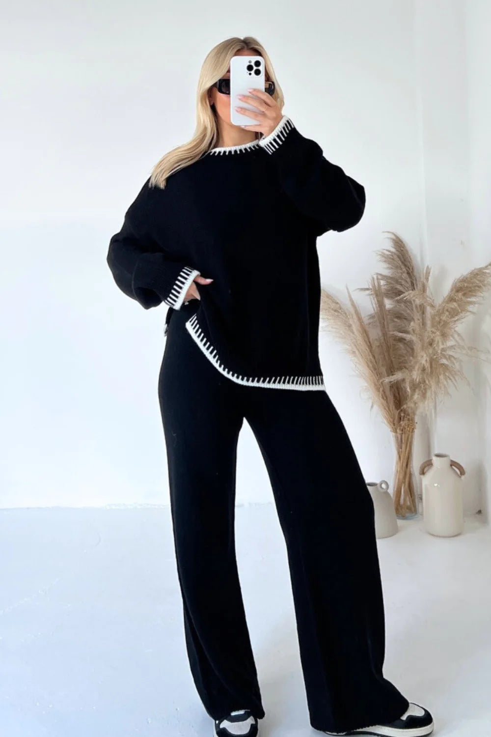 Damen Strick Zweiteiler mit Pullover und Hose 10