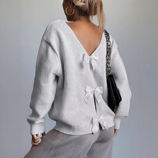 Damenpullover mit Rückenausschnitt und Schleifen-Detail – Weicher Strickpullover in Lockere Passform, Ideal für Alltag und besondere Anlässe 1