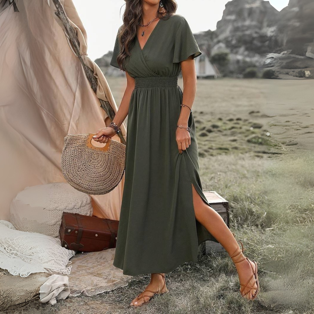Atmungsaktives V-Ausschnitt Midikleid für Damen mit Schlitz und Elastischer Taille