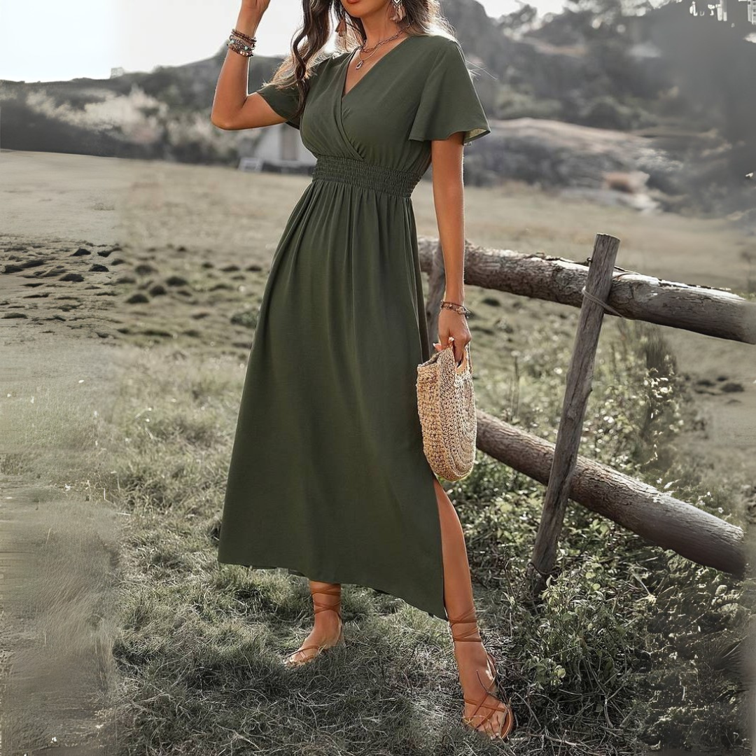 Atmungsaktives V-Ausschnitt Midikleid für Damen mit Schlitz und Elastischer Taille