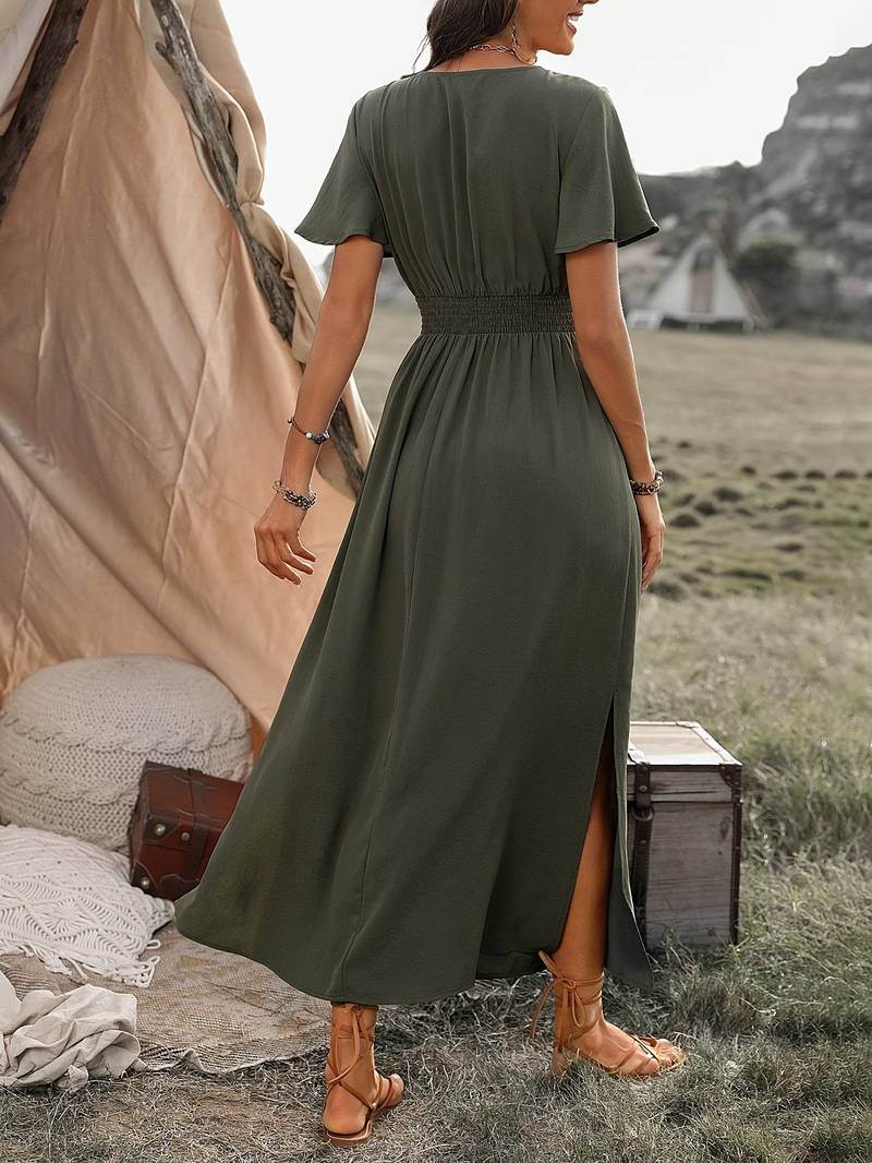 Atmungsaktives V-Ausschnitt Midikleid für Damen mit Schlitz und Elastischer Taille