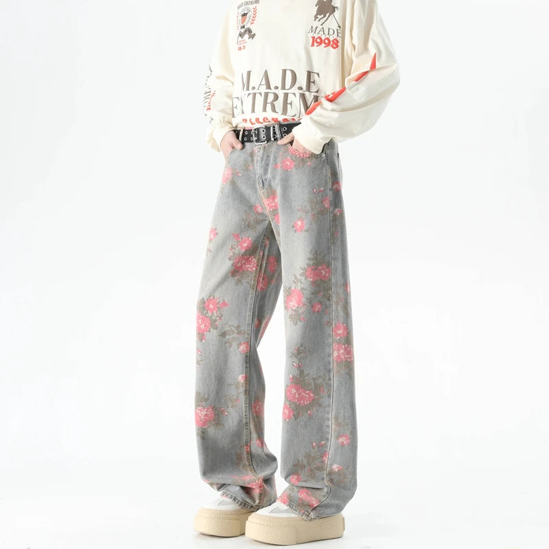 Baggy Jeans with Floral Pattern for Men