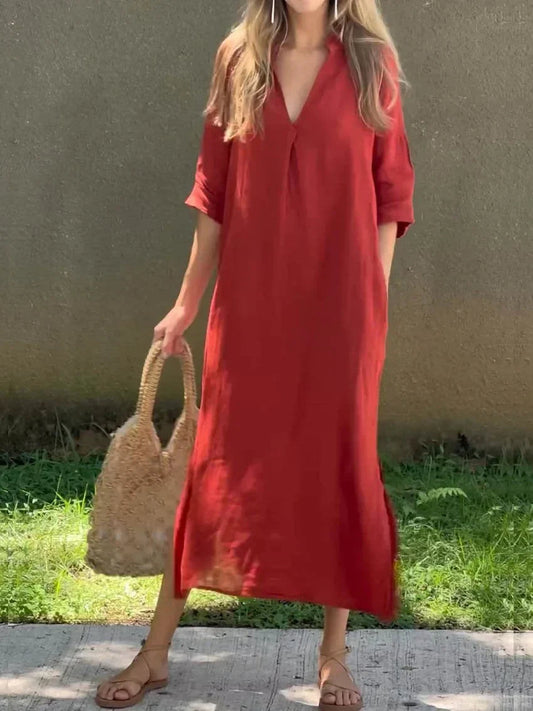 Michelle | Lange Leinenkleid mit V-Ausschnitt