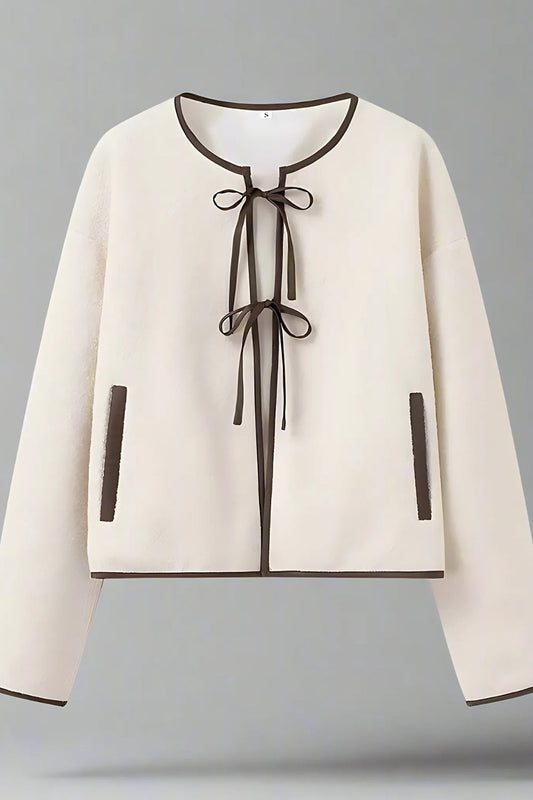 Beige Cardigan mit Rundhalsausschnitt und Druckknopf