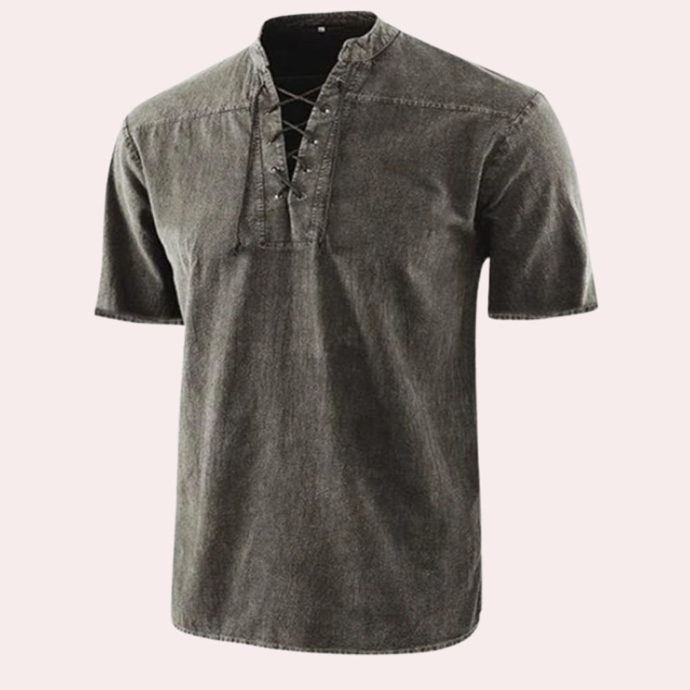 Variant image for Herren Hemd Schwarz Größe M Kurzarm Baumwolle mit V-Ausschnitt und Schnürsenkeldetails-13