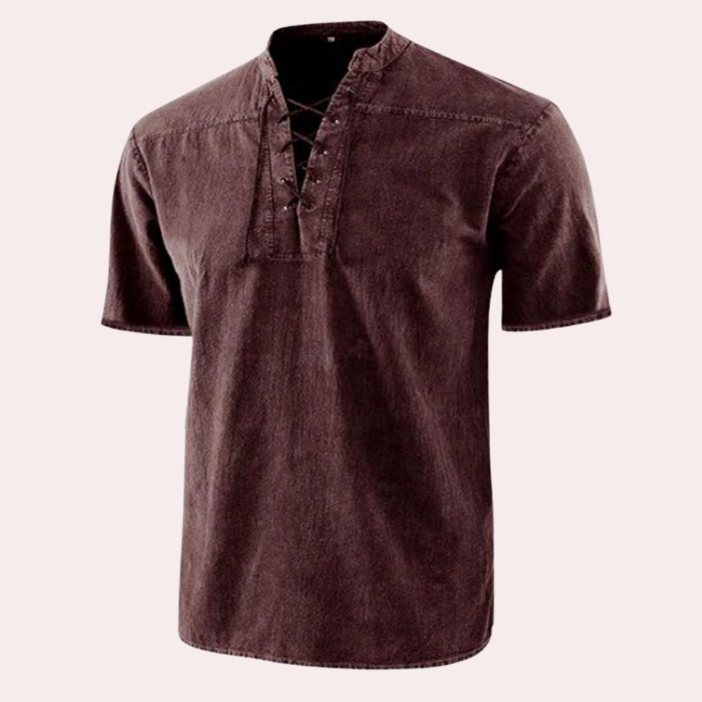 Variant image for Herren Hemd Schwarz Größe M Kurzarm Baumwolle mit V-Ausschnitt und Schnürsenkeldetails-17