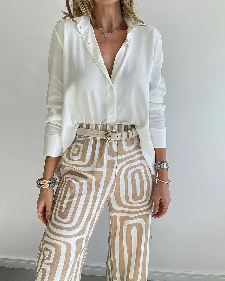 Set da donna di camicette e pantaloni in stile moderno minimalista
