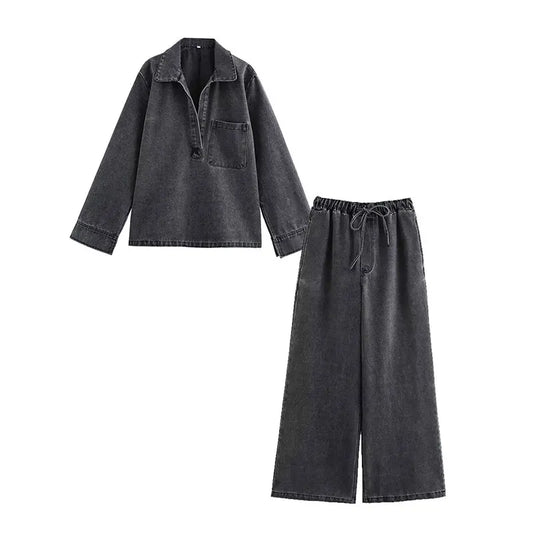 Damen Set mit Turn-down Kragen und Hoher Taille
