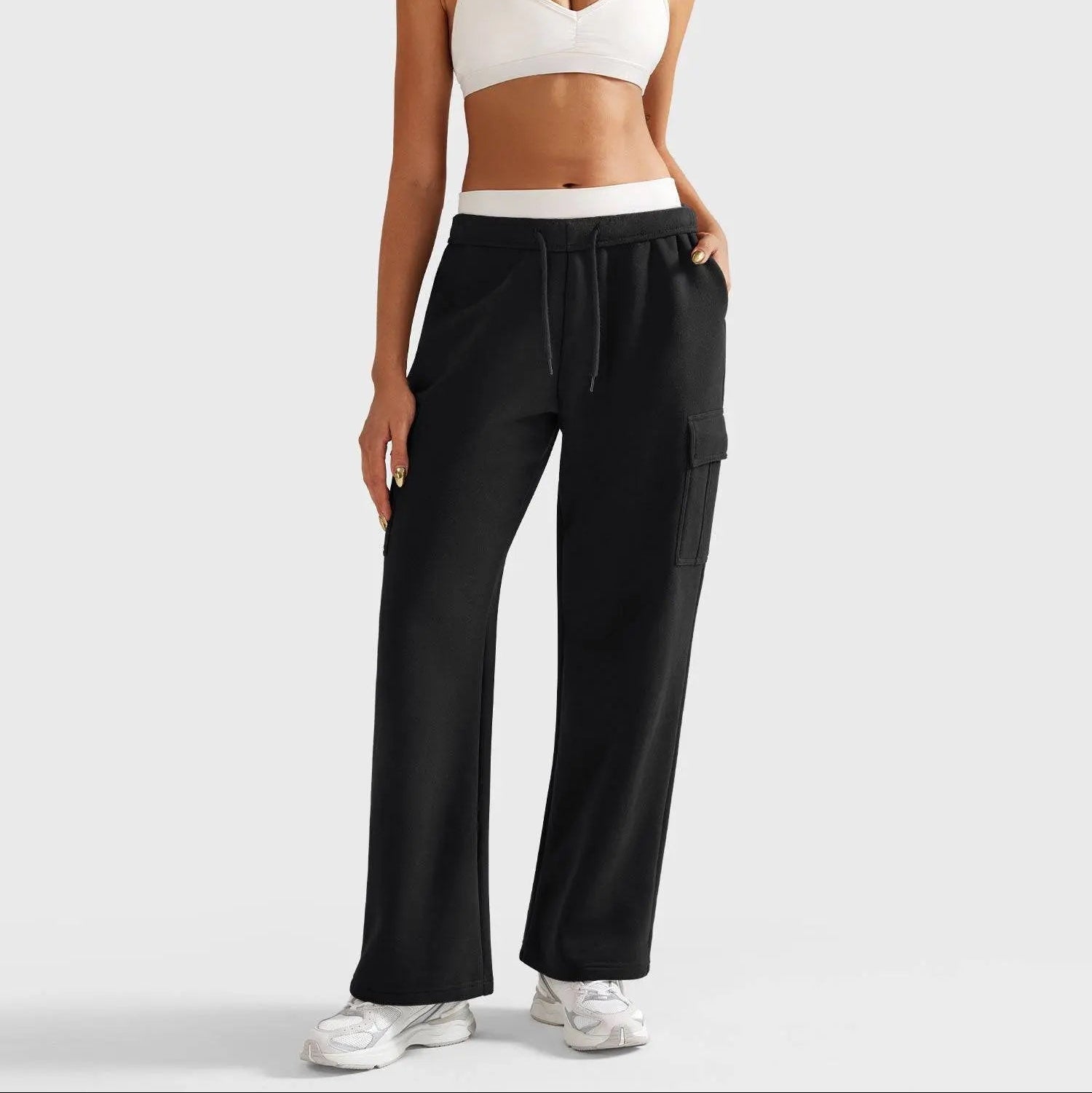 Damen Jogginghose mit Hohem Bund und Weitem Bein – Verstellbarer Bund und Funktionale Taschen 1