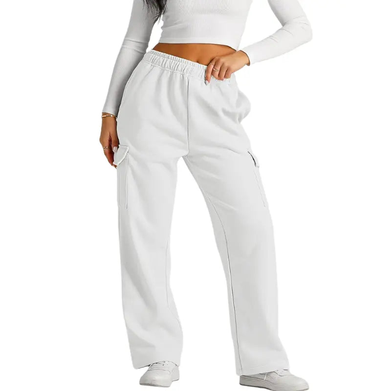Damen Jogginghose mit Hohem Bund und Weitem Bein – Verstellbarer Bund und Funktionale Taschen 2