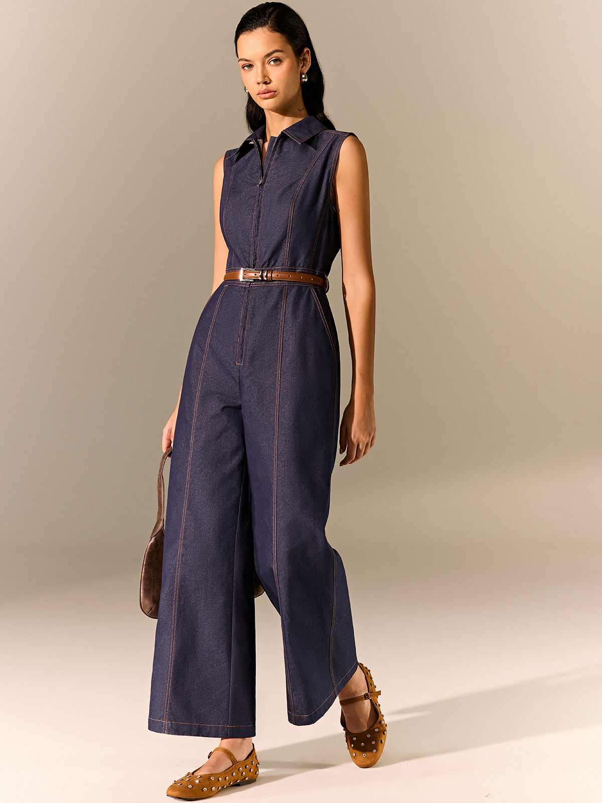 Damen Jumpsuit aus Denim mit Taillengürtel