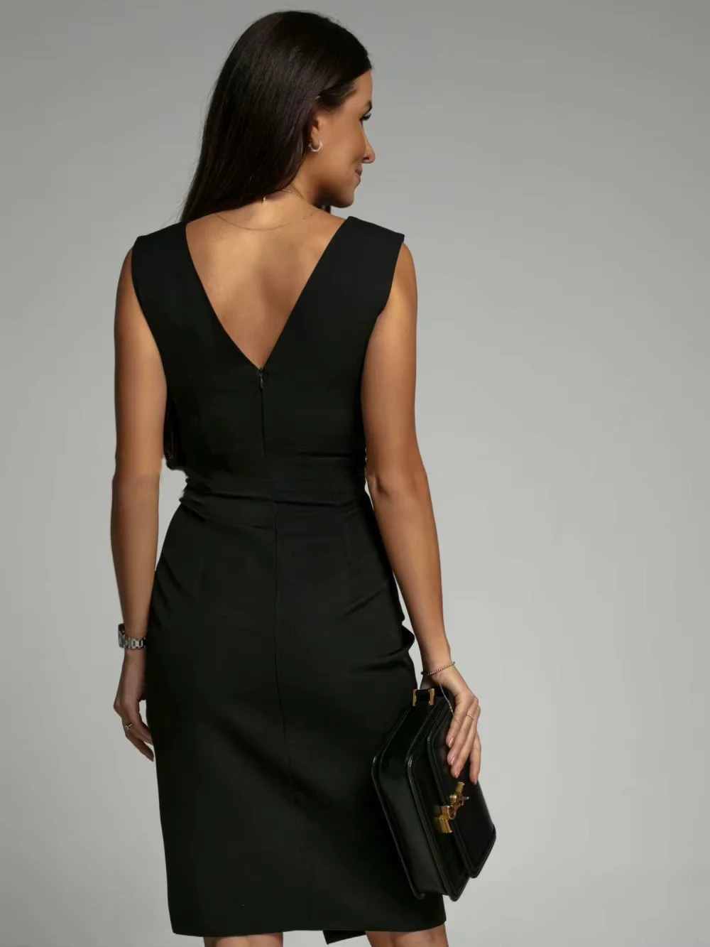 Women's midi cocktail dress with V-neckline and slit