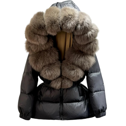 Damen Pufferjacke mit Kunstfellkragen und elastischem Taillengürtel