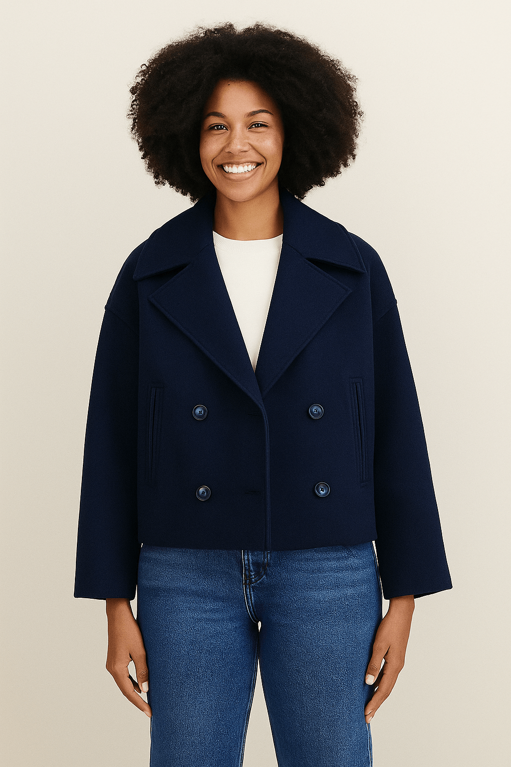 Elegante Damen Winterjacke mit Doppelreihiger Knopfleiste – Strukturierter Stoff, Überschnittene Schultern, Kurze Länge 6