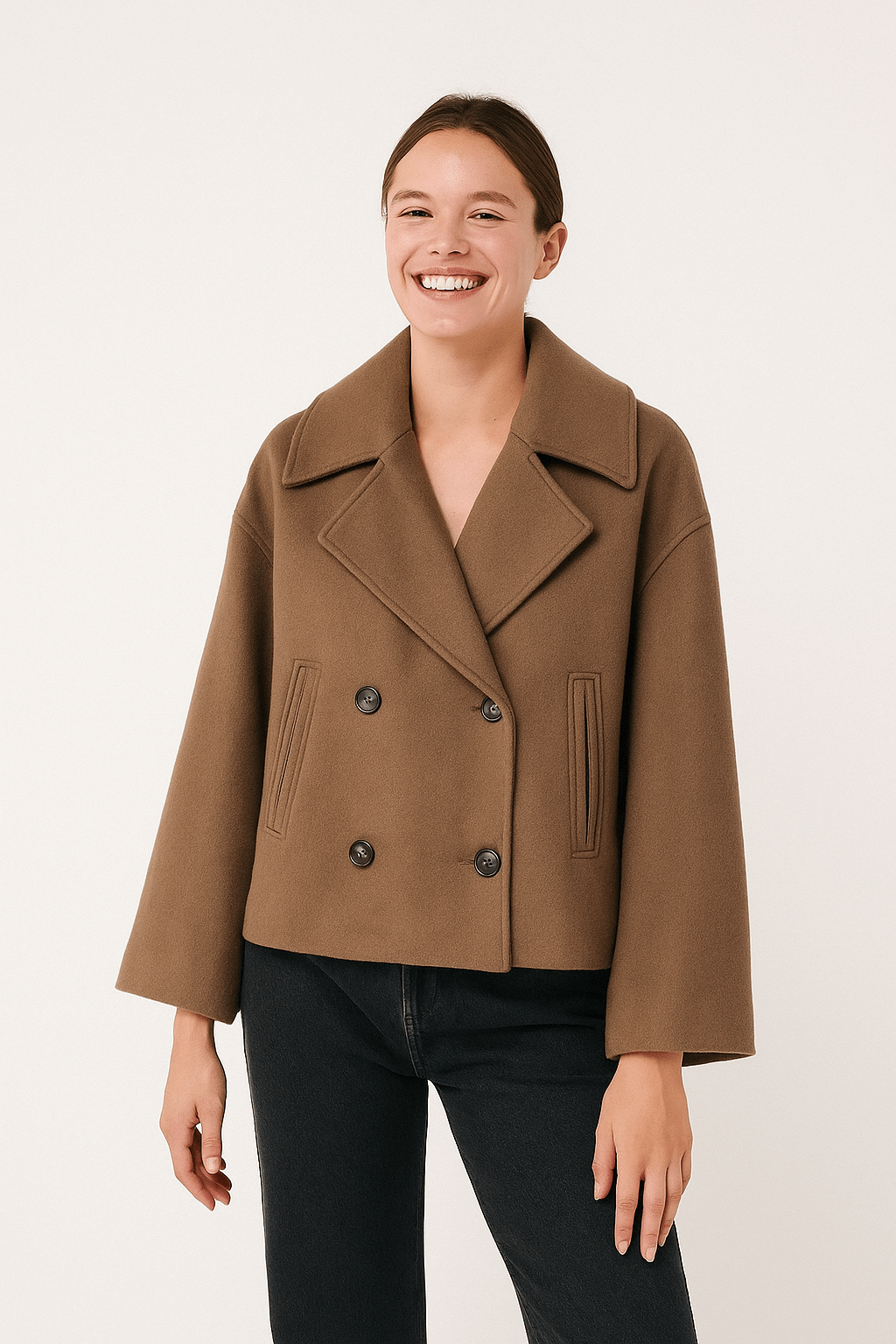 Elegante Damen Winterjacke mit Doppelreihiger Knopfleiste – Strukturierter Stoff, Überschnittene Schultern, Kurze Länge 9