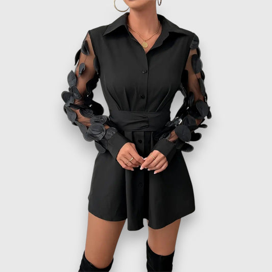 Elegant women's dress with bow waistband and transparent sleeves