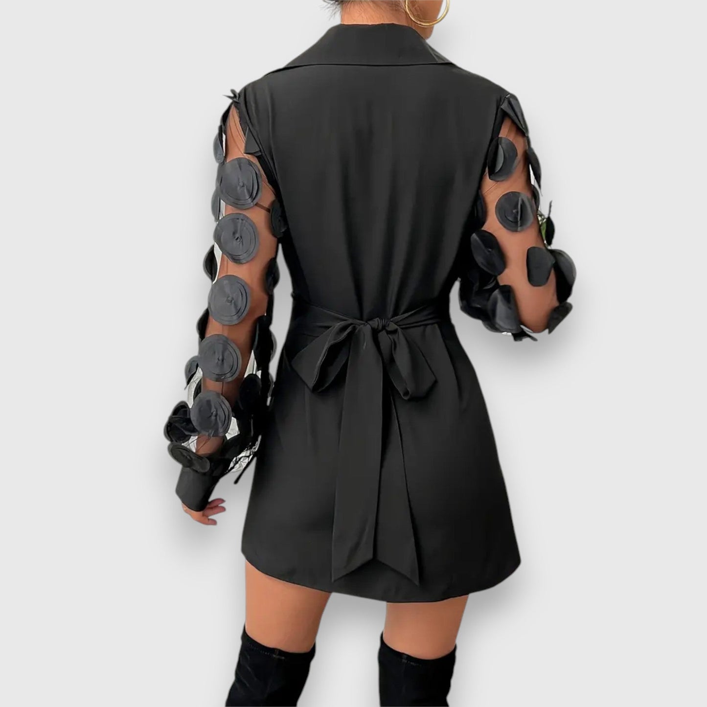 Elegant women's dress with bow waistband and transparent sleeves