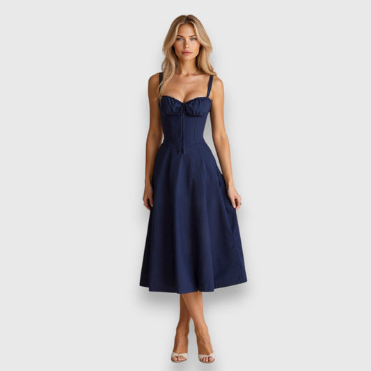 Elegant corset dress with midi length and flowing skirt