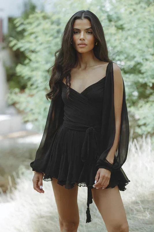 Elegant mini dress with V-neck and puff sleeves
