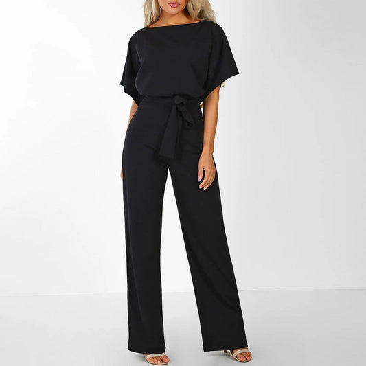 Elegant women's jumpsuit with waist emphasis and round neckline