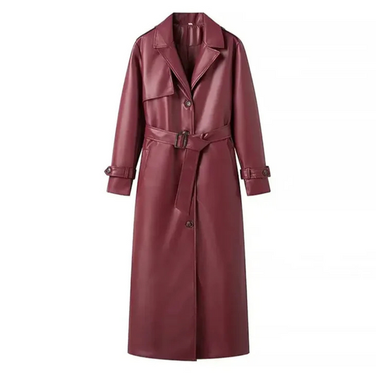 Elegant trench coat made of vegan leather with adjustable belt