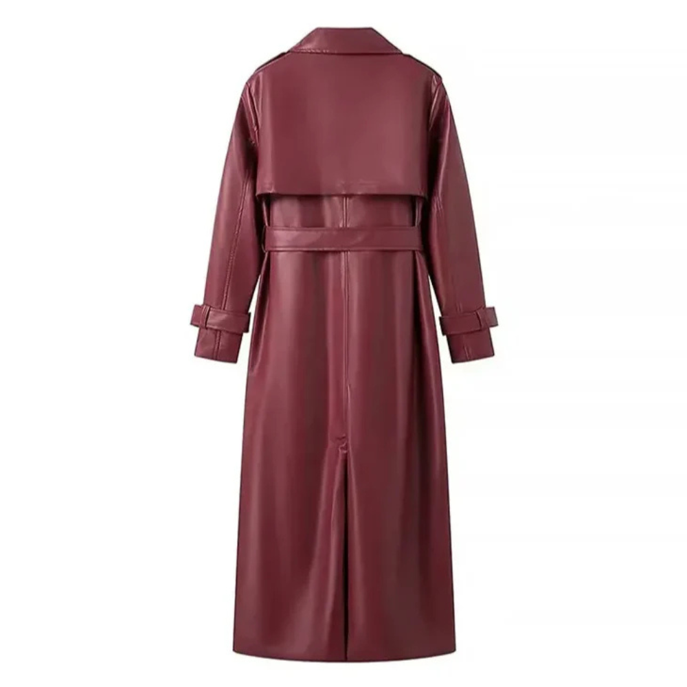 Elegante trench coat in pelle vegana con cintura regolabile