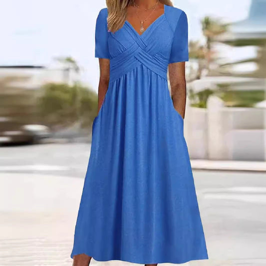 Elegant maxi summer dress long with V-neck and pockets
