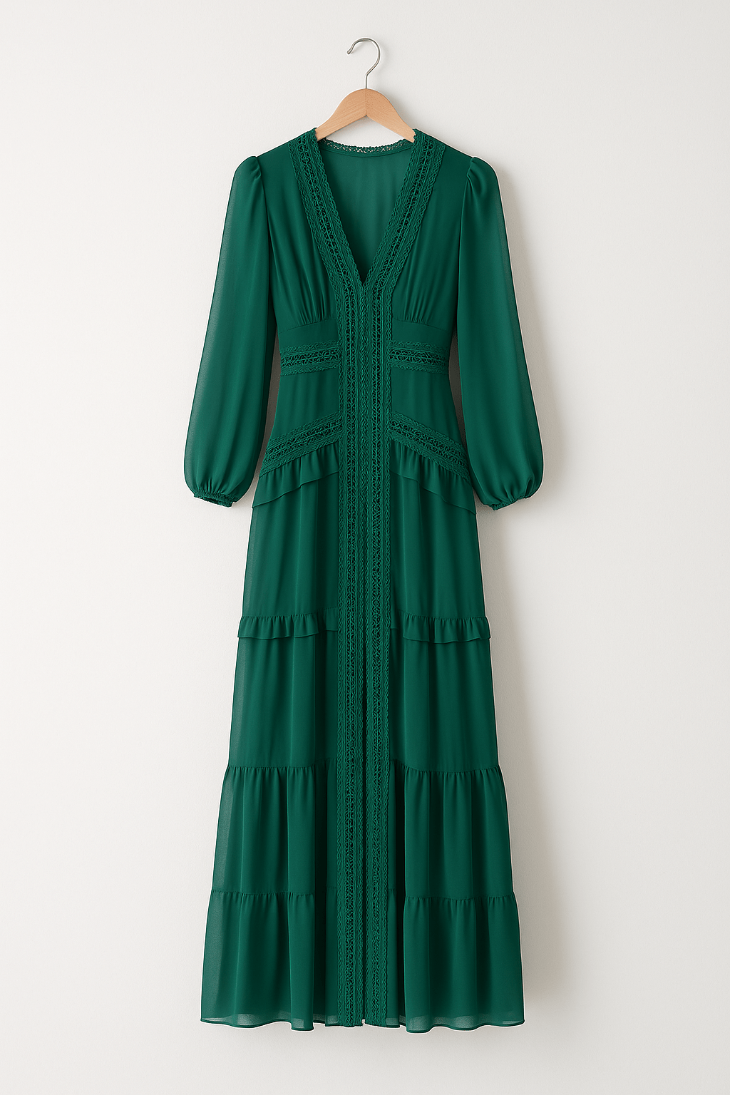 Elegantes Maxikleid mit Rüschen und V-Ausschnitt – Festliches Maxikleid für Sommerabende, Lange Kleider mit Volants und Femininer Silhouette 1