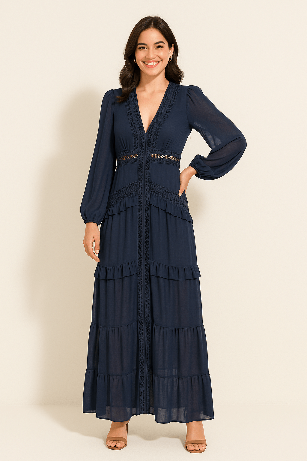 Elegantes Maxikleid mit Rüschen und V-Ausschnitt – Festliches Maxikleid für Sommerabende, Lange Kleider mit Volants und Femininer Silhouette 2
