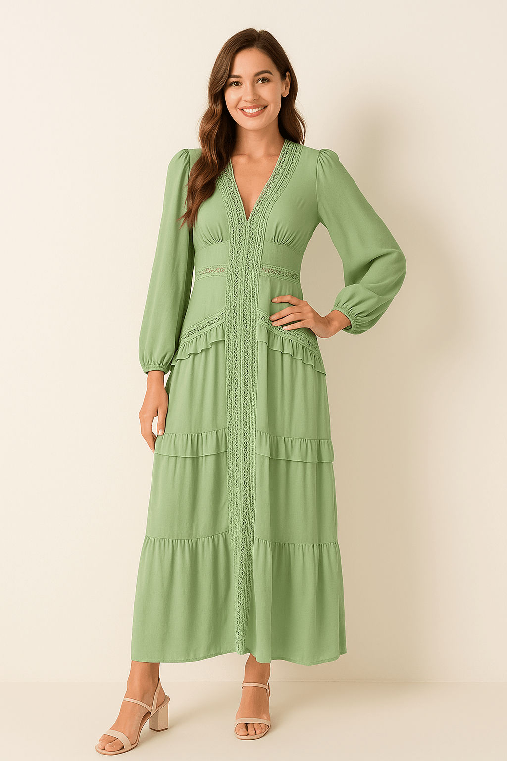 Elegantes Maxikleid mit Rüschen und V-Ausschnitt – Festliches Maxikleid für Sommerabende, Lange Kleider mit Volants und Femininer Silhouette 6