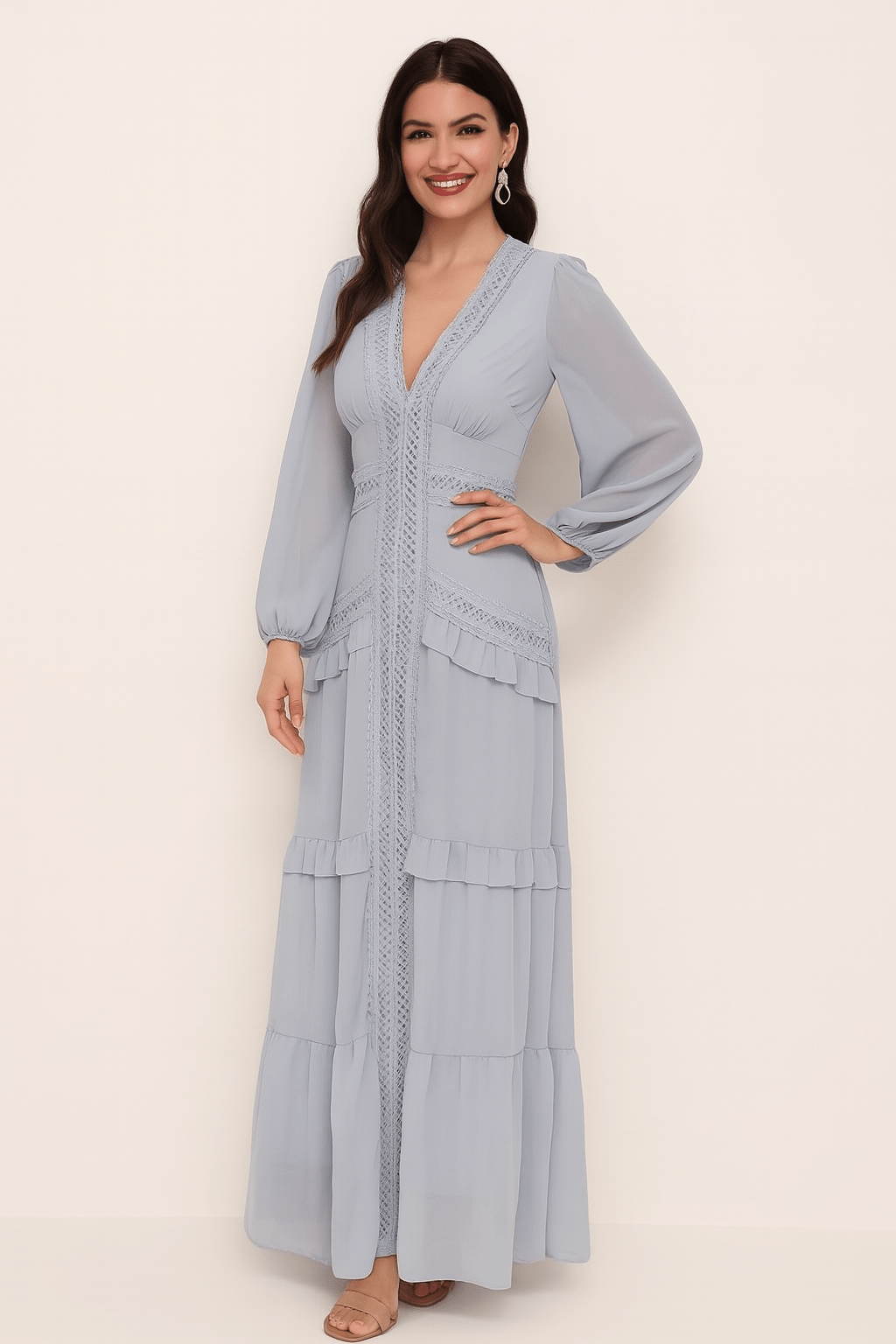 Elegantes Maxikleid mit Rüschen und V-Ausschnitt – Festliches Maxikleid für Sommerabende, Lange Kleider mit Volants und Femininer Silhouette 8