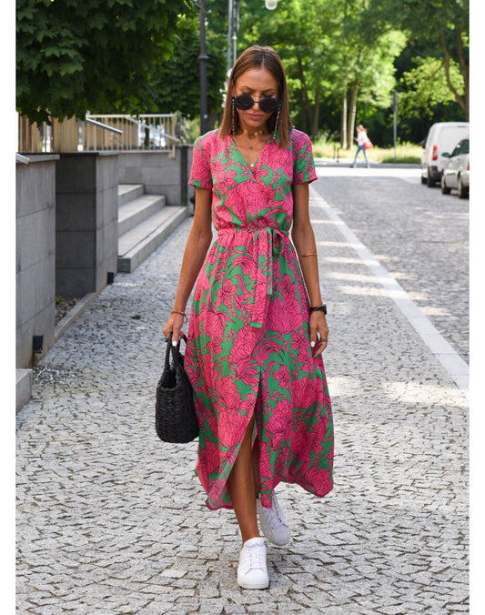 Elegant midi dress for women with floral pattern and waist belt