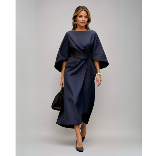 Elegant midi dress for women with lantern sleeves and waist belt