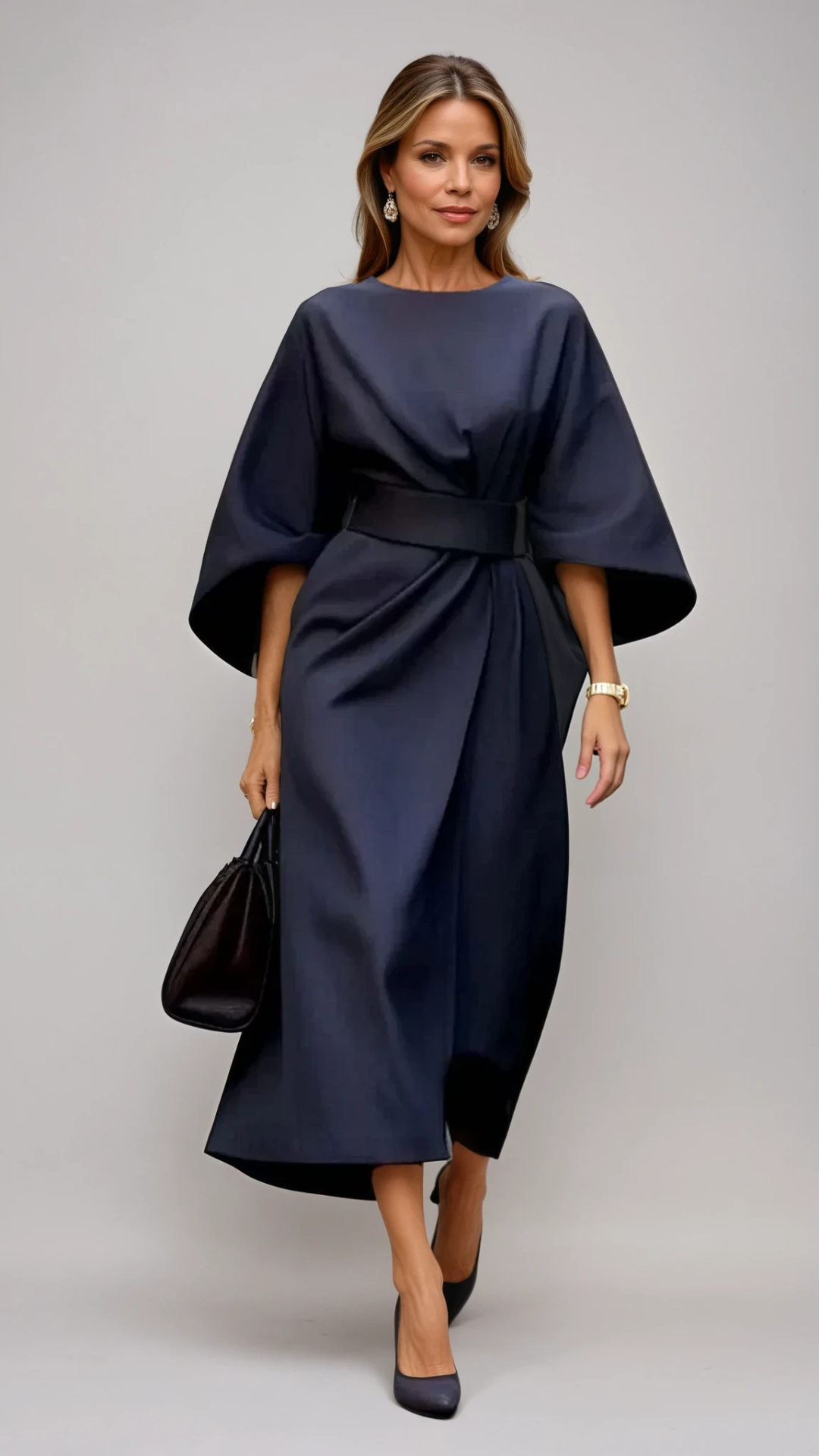 Elegant midi dress for women with lantern sleeves and waist belt