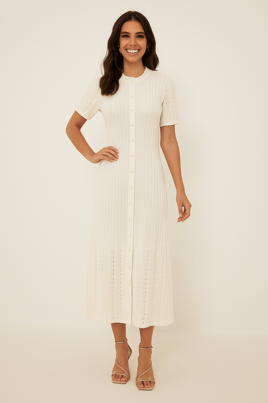 Elegantes Strick-Maxikleid mit Knopfleiste und Lochmuster – Charmantes Sommerkleid für Damen, Halblange Ärmel, Weicher Strick 0