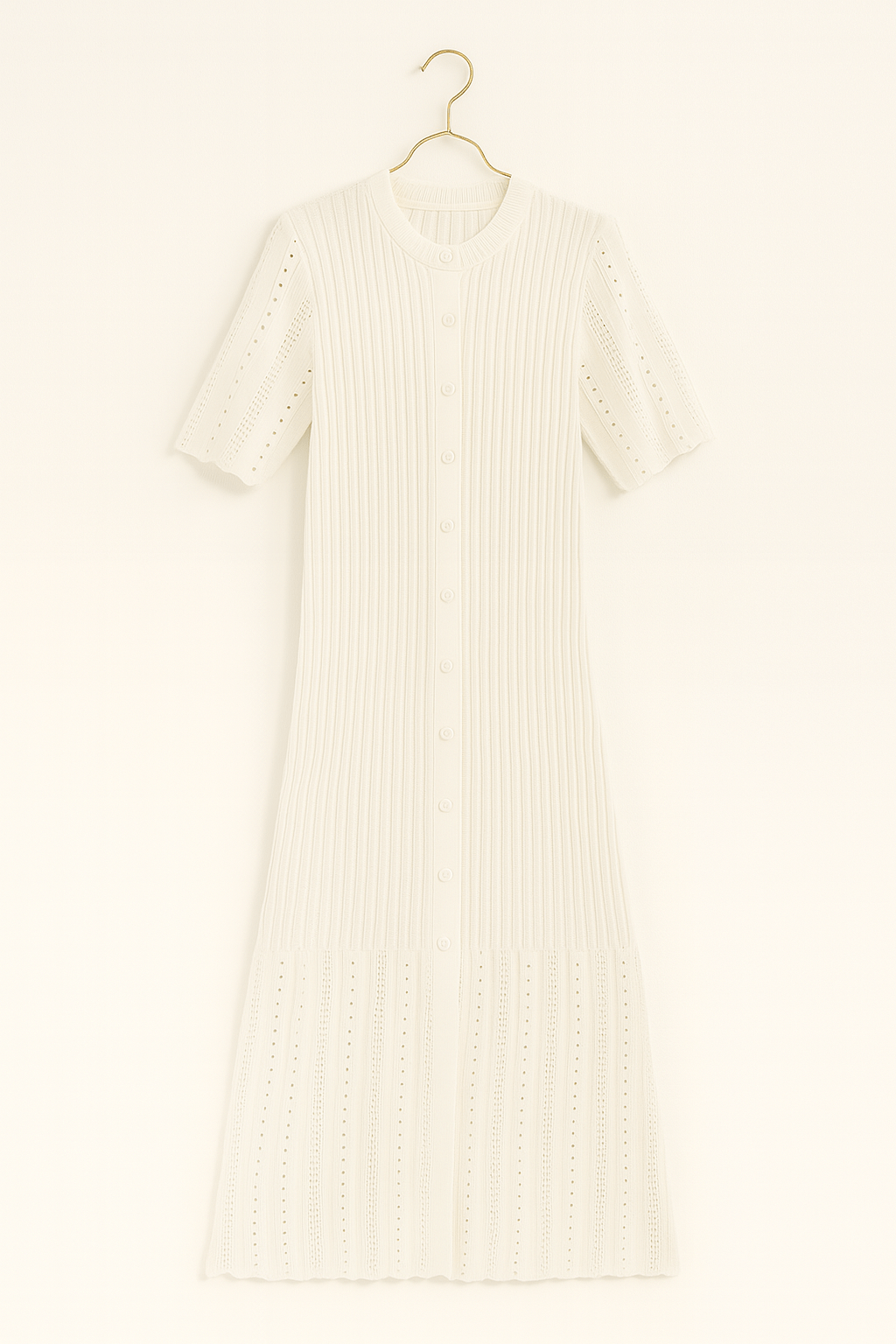 Elegantes Strick-Maxikleid mit Knopfleiste und Lochmuster – Charmantes Sommerkleid für Damen, Halblange Ärmel, Weicher Strick 1