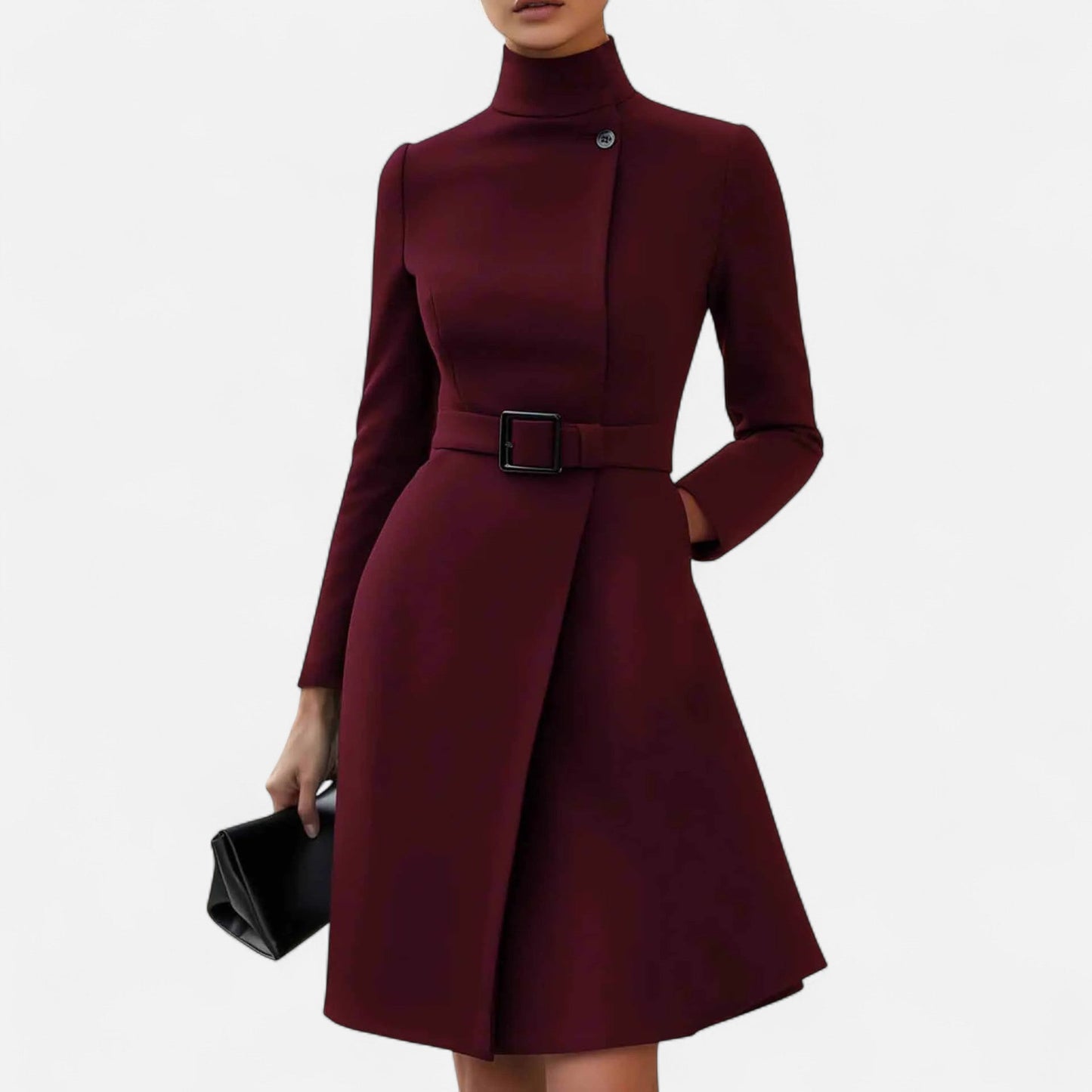Elegant women's coat with belt and stand-up collar